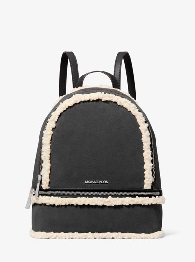 Rhea Medium Suede and Faux Shearling Backpack in BLACK | Michael Kors