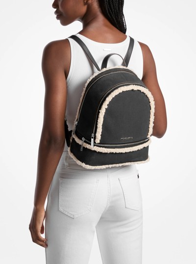Rhea Medium Suede and Faux Shearling Backpack in BLACK | Michael Kors