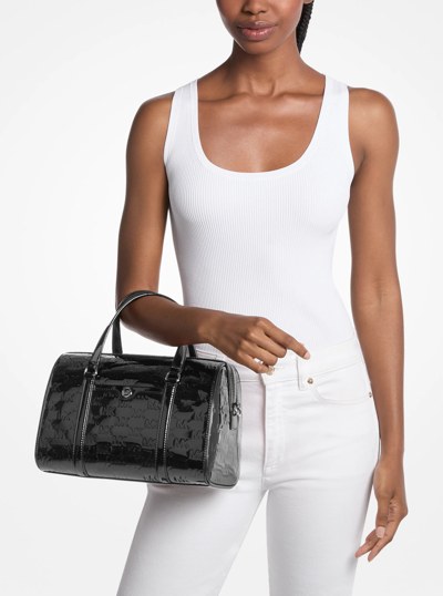 Jet Set Medium Patent Logo Debossed Duffel Crossbody Bag in NEGRO | Michael Kors