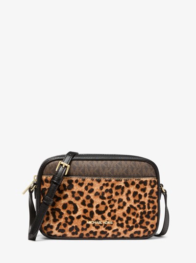 Jet Set Travel Leopard Print Calf Hair and Signature Logo Camera Crossbody Bag in CAMEL MLT | Michael Kors