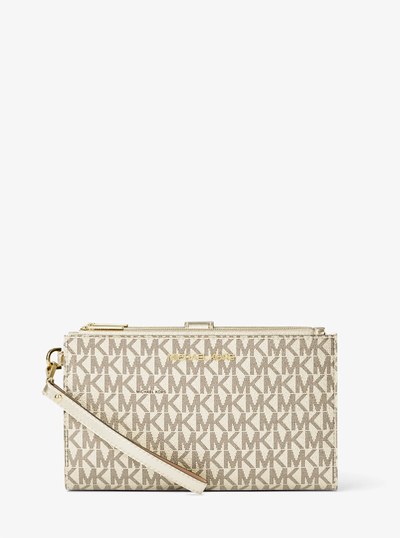 【新品タグ付】MICHAEL KORS JET SET TRAVEL 財布 Jet Set Travel Large Signature Logo Wristlet in PALE GOLD - Sale