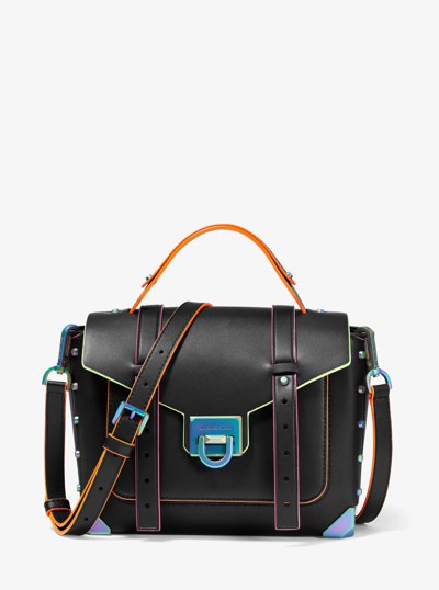 Manhattan Medium Contrast-Trim Leather Satchel in BLACK | Michael Kors