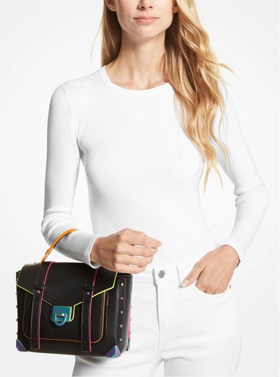 Manhattan Medium Contrast-Trim Leather Satchel in BLACK | Michael Kors