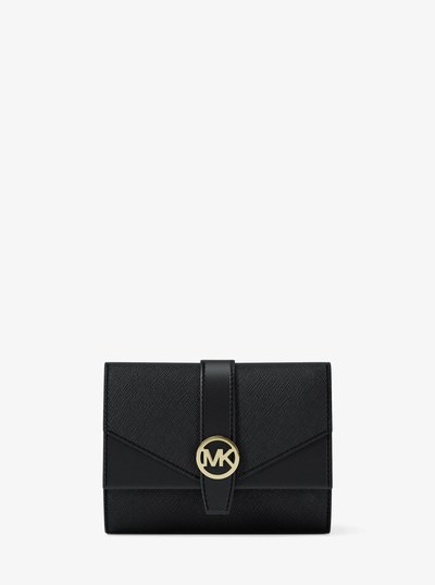 Billetera Greenwich mediana con tres pliegues de piel saffiano in NEGRO | Michael Kors