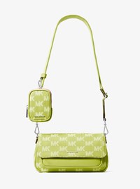 Bandolera Jet Set Travel peque&ntilde;a de denim con logotipo en jacquard y funda