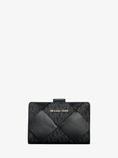 Jet Set Travel Medium Woven Signature Logo Wallet in BLACK | Michael Kors