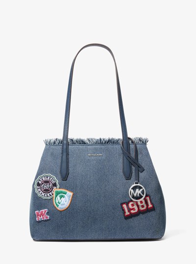 Avalon Medium Embellished Denim Convertible Tote Bag in WASHED