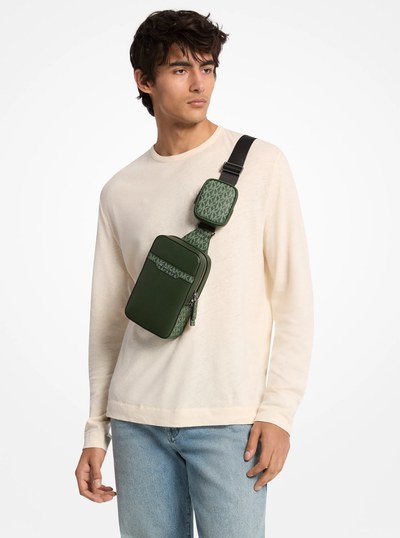 Cooper Medium Pebbled Leather and Signature Logo Sling Pack with Pouch in MOSS | Michael Kors