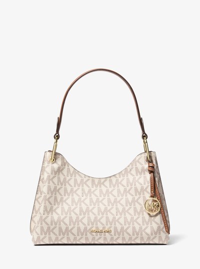 Joan Medium Signature Logo Shoulder Bag in VANILLA/LUGGAGE | Michael Kors