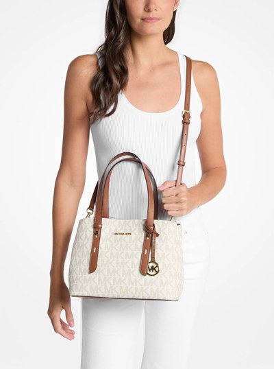 Mel Small Signature Logo Tote Bag in VANILLA/LUGGAGE | Michael Kors