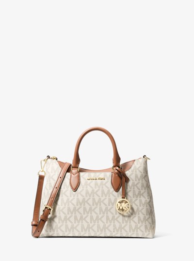 Austen Small Signature Logo Satchel in VANILLA/LUGGAGE | Michael Kors