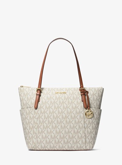 Charlotte Medium Signature Logo Top-Zip Tote Bag in VANILLA/LUGGAGE | Michael Kors