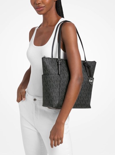 Jet Set Medium Signature Logo Top-Zip Tote Bag in BLACK | Michael Kors