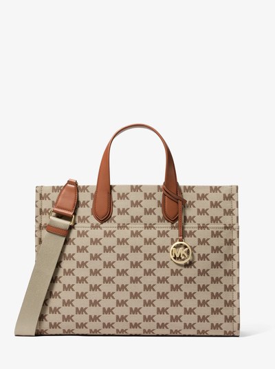 Gigi Large Logo Jacquard Tote Bag in BEIGE/EBONY/BROWN | Michael Kors