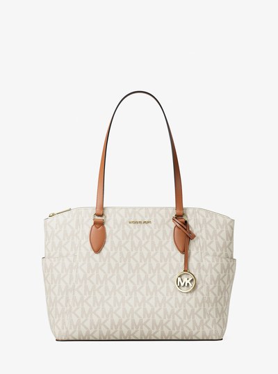 Sienna Medium Signature Logo Tote Bag in VANILLA/LUGGAGE | Michael Kors