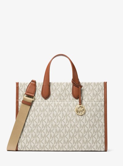Gigi Large Signature Logo Tote Bag in VANILLA/LUGGAGE | Michael Kors