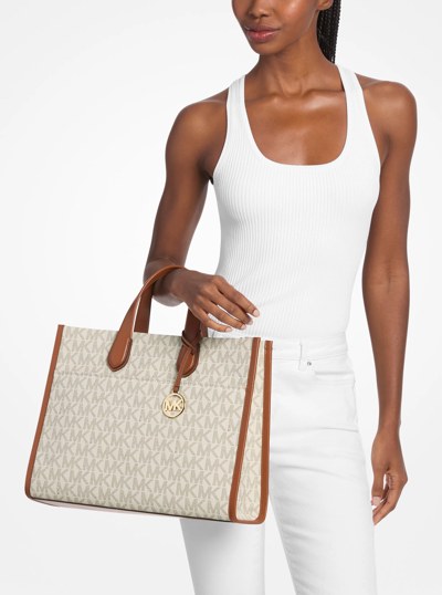 Gigi Large Signature Logo Tote Bag in VANILLA/LUGGAGE | Michael Kors