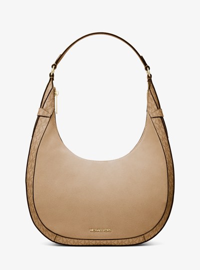 Preston Large Suede and Signature Logo Crescent Shoulder Bag in CAMEL | Michael Kors