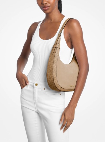 Preston Large Suede and Signature Logo Crescent Shoulder Bag in CAMEL | Michael Kors