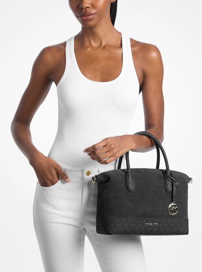 Hyde Medium Suede and Signature Logo Satchel in BLACK | Michael Kors