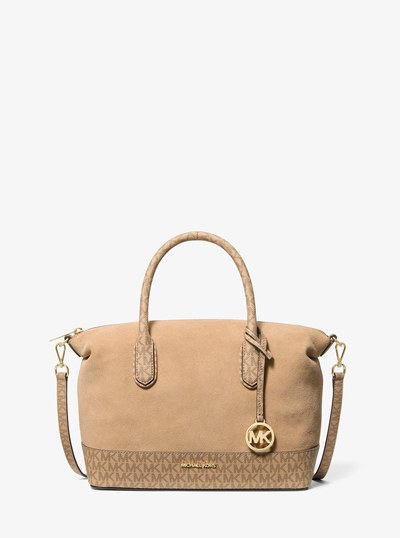 Hyde Medium Suede and Signature Logo Satchel in CAMEL | Michael Kors