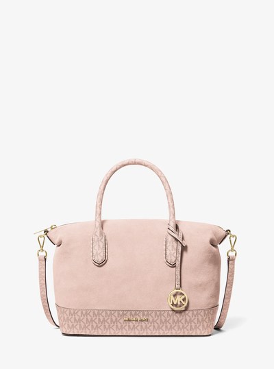 Hyde Medium Suede and Signature Logo Satchel in SOFT PINK | Michael Kors