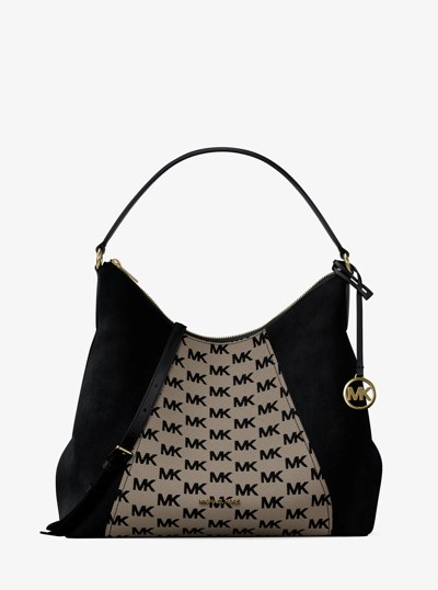 Sienna Large Logo Jacquard and Suede Convertible Shoulder Bag in BLACK | Michael Kors