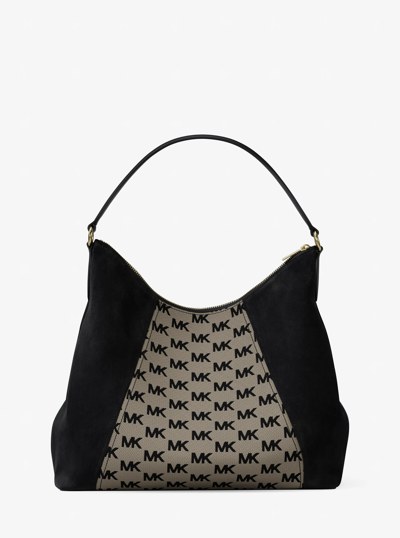 Sienna Large Logo Jacquard and Suede Convertible Shoulder Bag in BLACK | Michael Kors