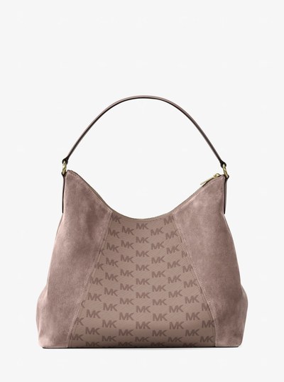 Sienna Large Logo Jacquard and Suede Convertible Shoulder Bag in SOFT PINK | Michael Kors