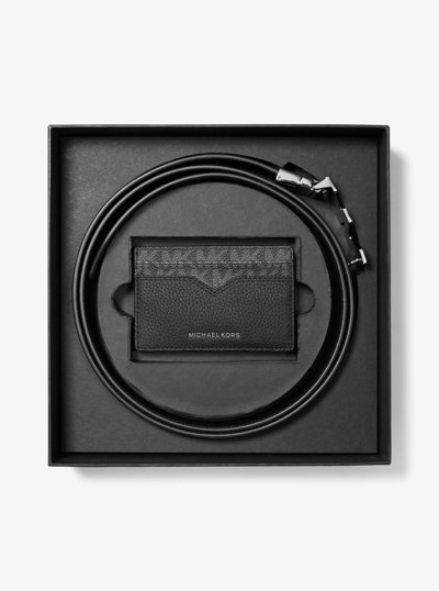 Leather and Signature Logo Card Case and Belt Gift Set in BLACK | Michael Kors