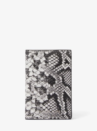 Varick Snake-Embossed Leather Bi-Fold Card Case in BLACK | Michael Kors