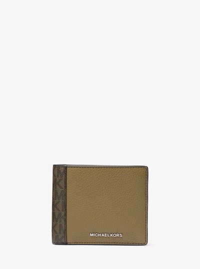 Hudson Leather and Signature Logo Billfold Wallet With Coin Pouch in SAFARI GREEN MULTI | Michael Kors