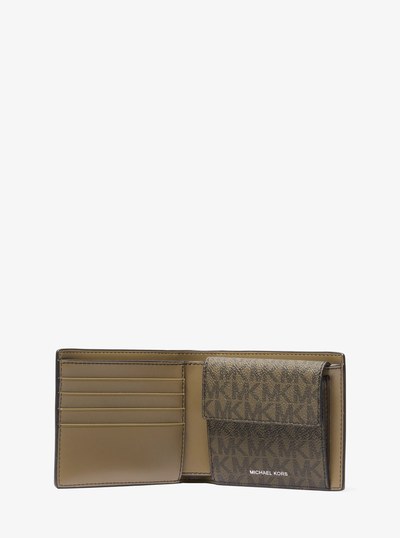 Hudson Leather and Signature Logo Billfold Wallet With Coin Pouch in SAFARI GREEN MULTI | Michael Kors