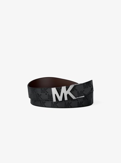 Reversible Logo Embossed Leather Buckle Belt in BLK/BROWN | Michael Kors