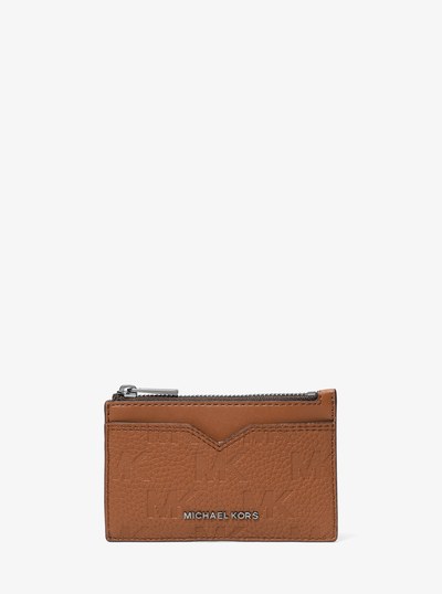 Hudson Logo Embossed Leather Card Case in LUGGAGE | Michael Kors