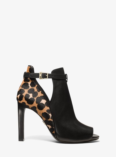 Lawson Leather and Leopard Print Calf Hair Open-Toe Ankle Boot in BLACK COMBO | Michael Kors