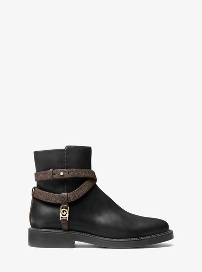 Abigail Leather and Signature Logo Trim Ankle Boot in BLK/BROWN | Michael Kors