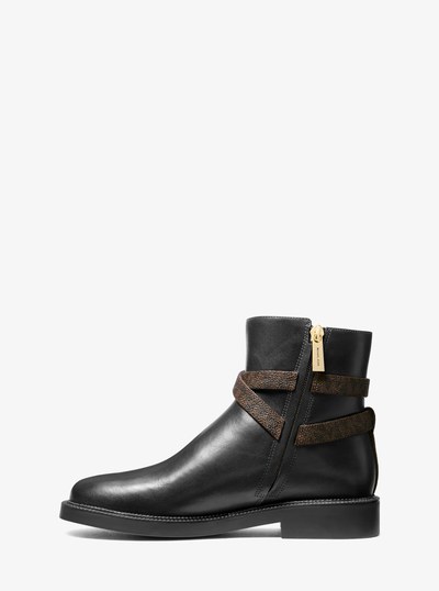 Abigail Leather and Signature Logo Trim Ankle Boot in BLK/BROWN | Michael Kors