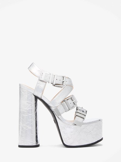 Darrington Crackled Metallic Leather Platform Sandal in SILVER | Michael Kors