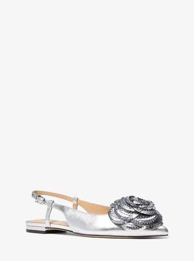 Elodie Embellished Metallic Leather Sling Flat in GUNMETAL | Michael Kors