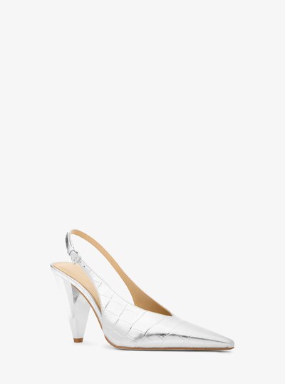 Electra Metallic Crocodile Embossed Leather Slingback Pump in SILVER | Michael Kors