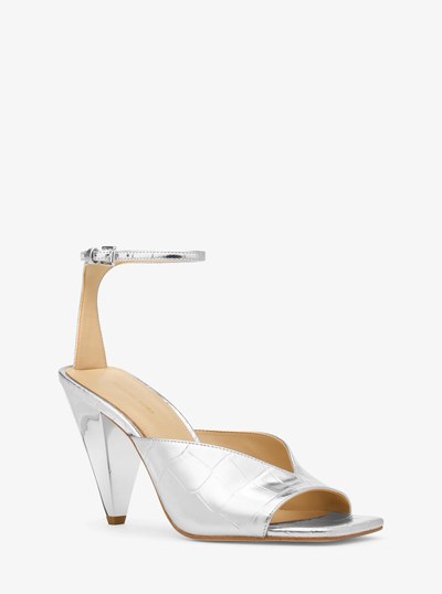 Electra Metallic Crocodile Embossed Leather Sandal in SILVER | Michael Kors