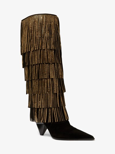 Jayla Embellished Suede Fringed Boot in BLACK | Michael Kors