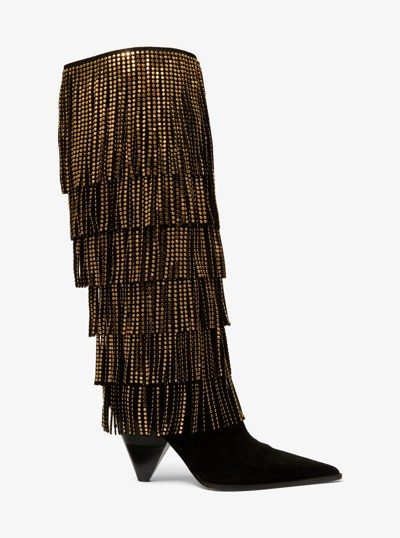 Jayla Embellished Suede Fringed Boot in BLACK | Michael Kors