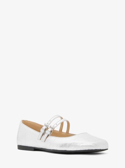 Chaussure plate Mary Jane Matilda en cuir craquel&eacute; et m&eacute;tallis&eacute; in ARGENT | Michael Kors