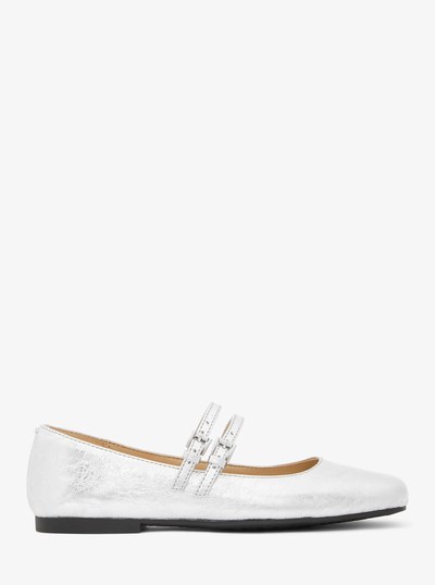 Chaussure plate Mary Jane Matilda en cuir craquel&eacute; et m&eacute;tallis&eacute; in ARGENT | Michael Kors