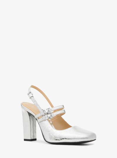 Matilda Crackled Metallic Leather Slingback Mary Jane Pump in SILVER | Michael Kors