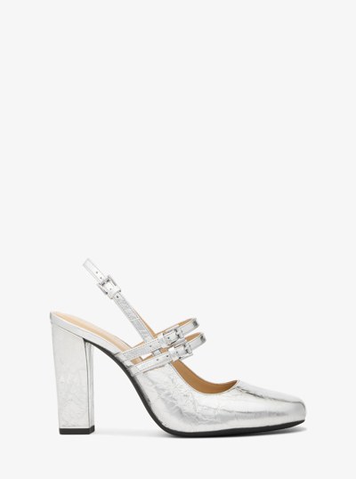 Matilda Crackled Metallic Leather Slingback Mary Jane Pump in SILVER | Michael Kors