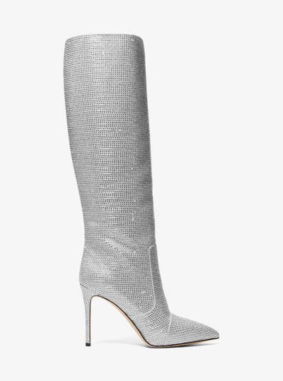 Rue Embellished Glitter Chain-Mesh Knee Boot in SILVER | Michael Kors