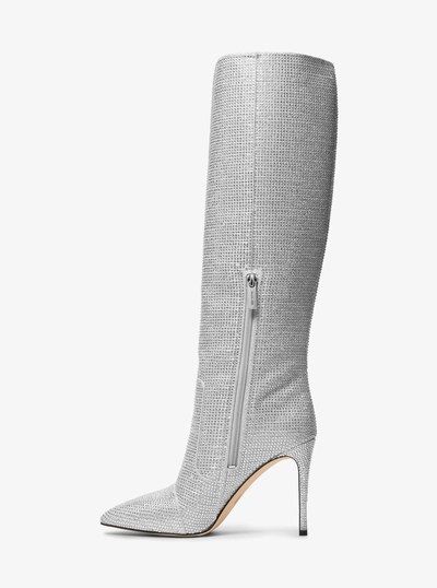 Rue Embellished Glitter Chain-Mesh Knee Boot in SILVER | Michael Kors